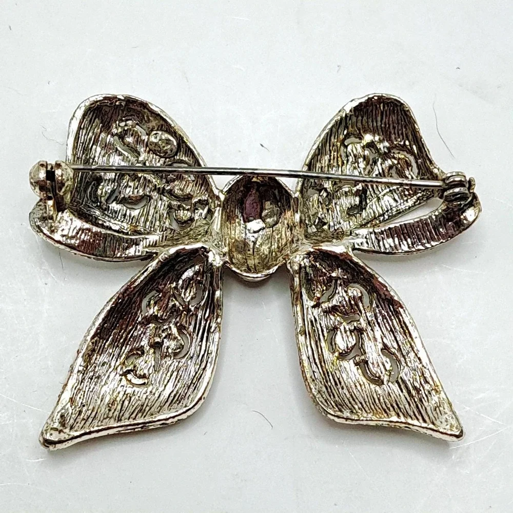 Vintage‎ Silver Tone Bow Brooch Marcasite Style Rhinestone Filigree Pin 2.5